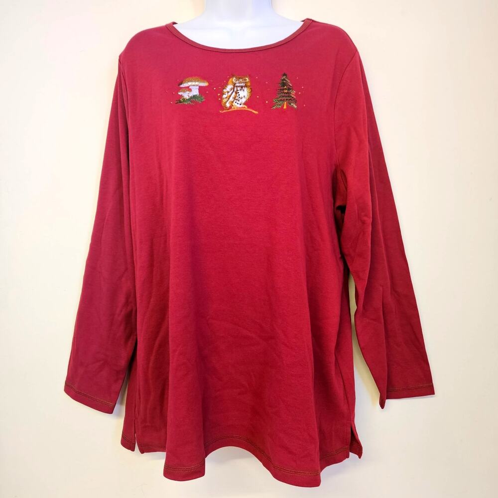 Quacker Factory‎ Maroon Long Sleeve Top Size 1X Embroidery Woodland Grandmacore